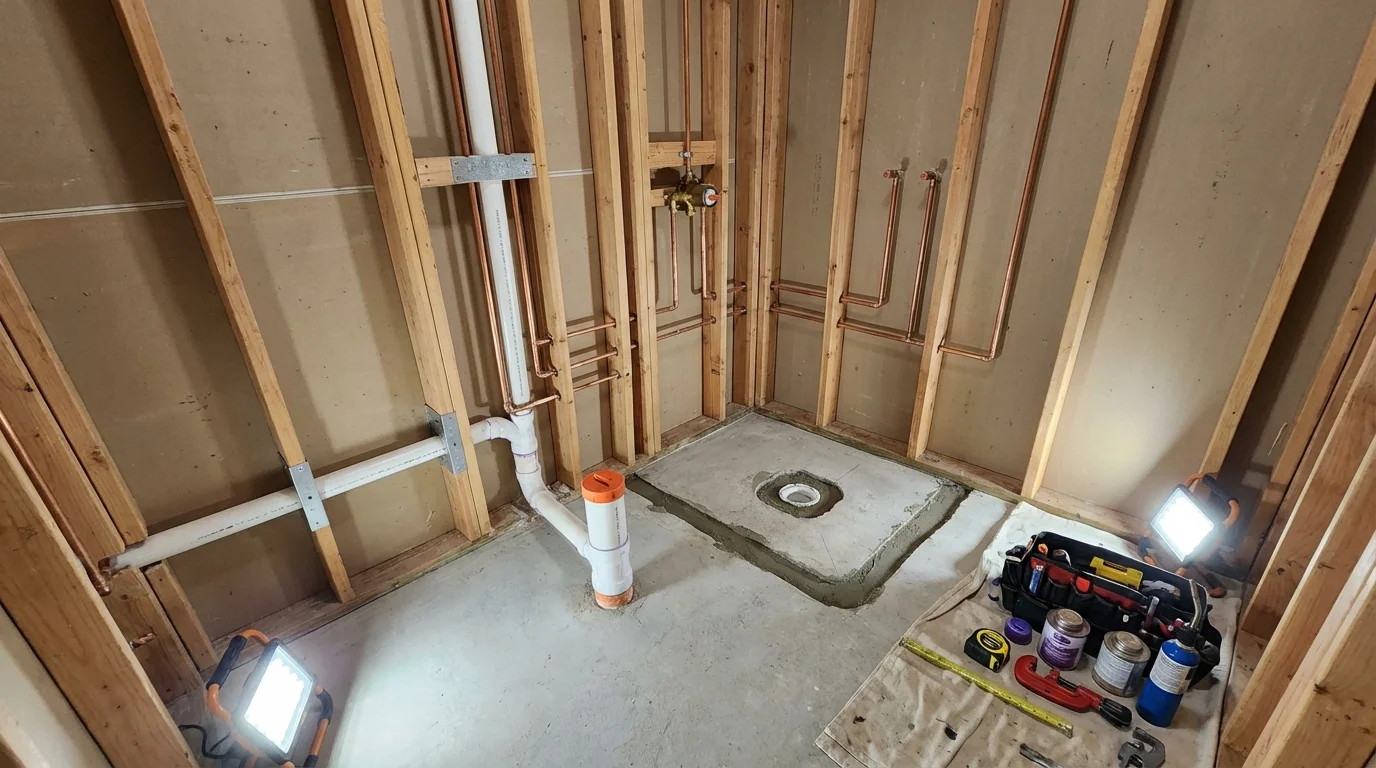 Bathroom rough-in plumbing during remodel by Johns Plumbing LLC in Audubon