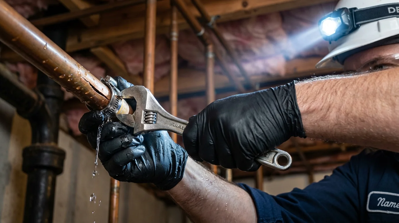 Emergency pipe clamp repair being performed by a Johns Plumbing LLC plumber in Audubon