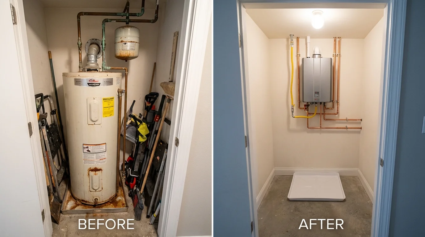 Tank water heater versus wall-mounted tankless unit comparison for Audubon, IA homeowners