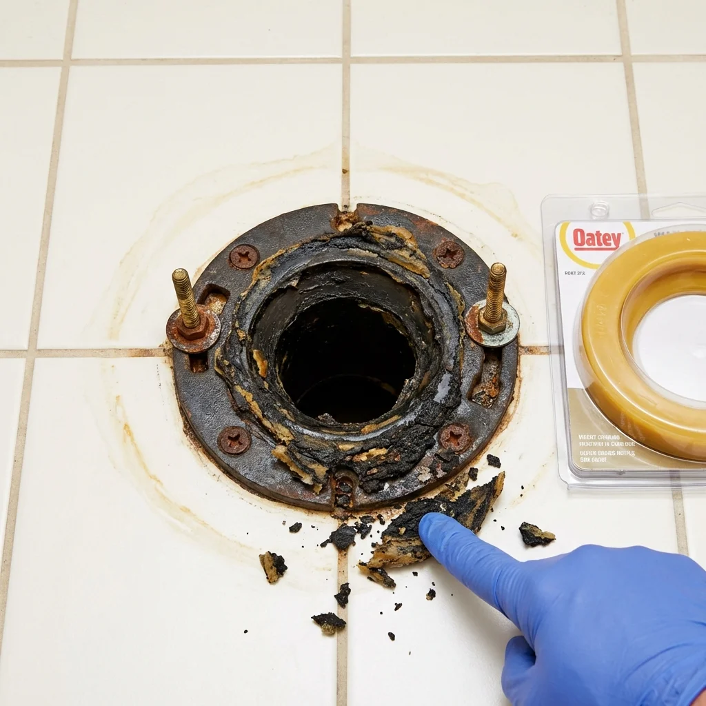 Failed wax ring showing water seepage at the base of a toilet in a Audubon, IA home