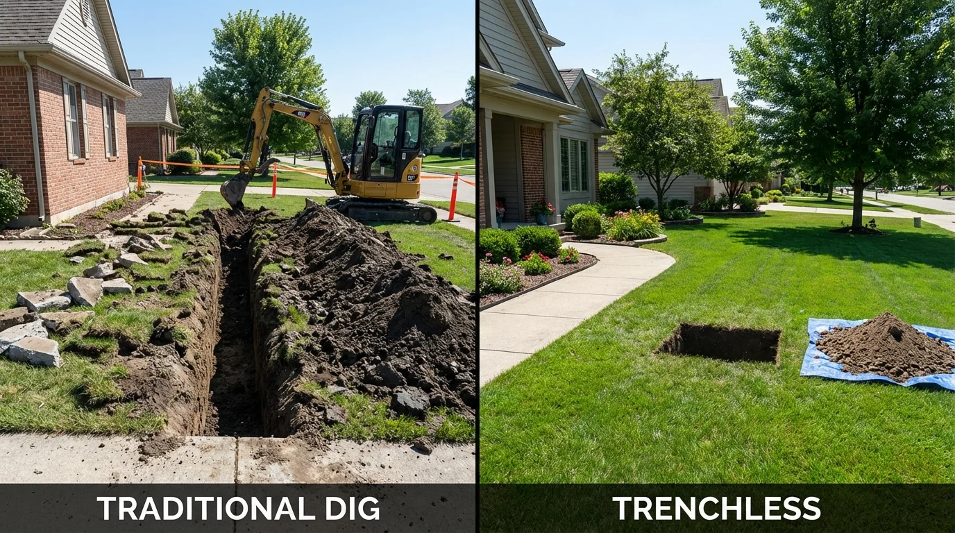Trenchless sewer repair with minimal yard damage versus traditional excavation in Audubon, IA