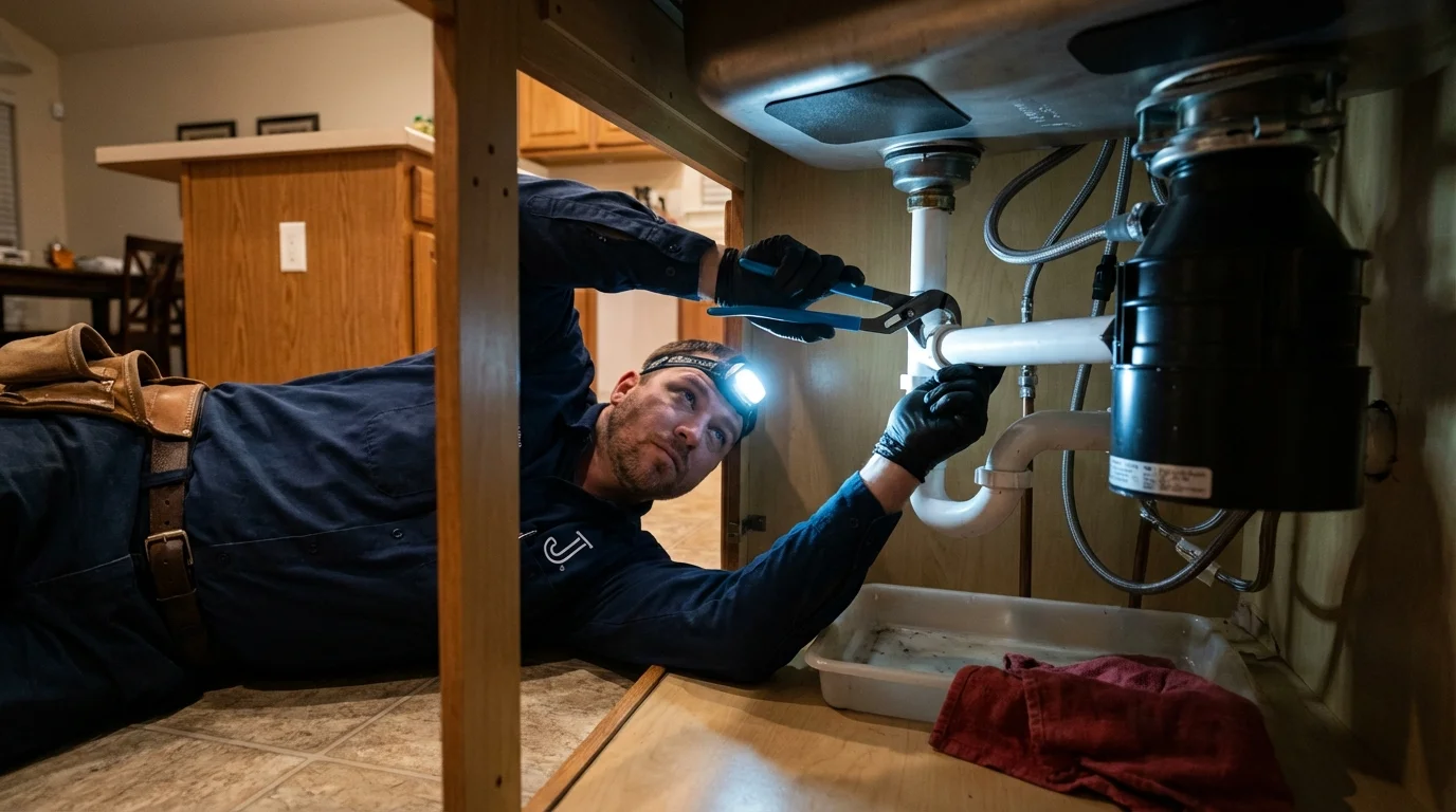 P-trap and supply line connections under a kitchen sink showing a common leak point in Audubon, IA